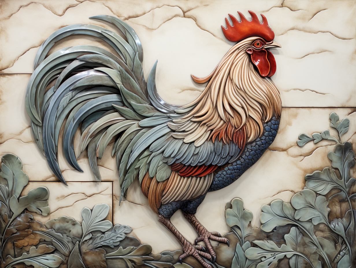 Clay rooster 18" by 16" mural + nine 8" by 6" border rooster tiles.