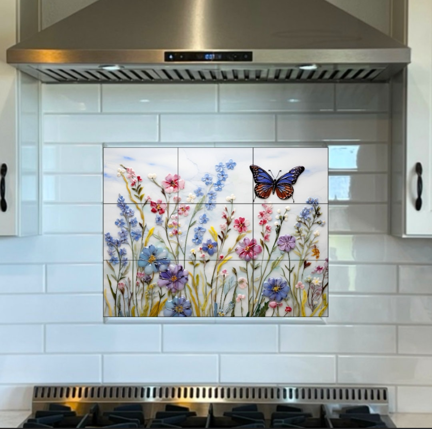 Butterfly in a Field of Wildflowers Tile, Ceramic Butterfly Tile, Ceramic Flowers Tile