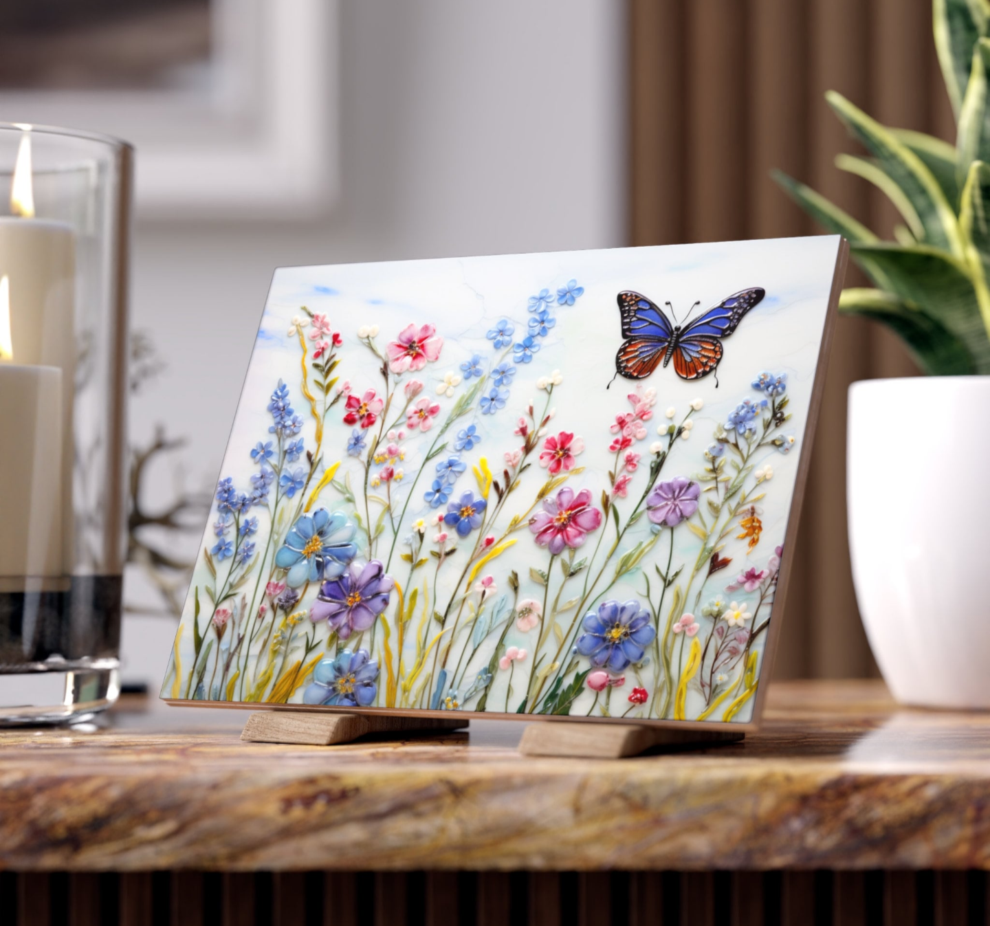 Butterfly in a Field of Wildflowers Tile, Ceramic Butterfly Tile, Ceramic Flowers Tile