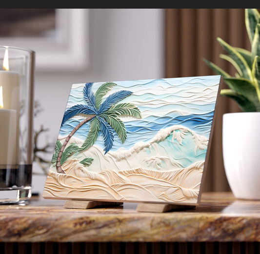 Palm Tree by the Ocean Ceramic Tile, Beach Accent Tile, Seaside Decorative Tile