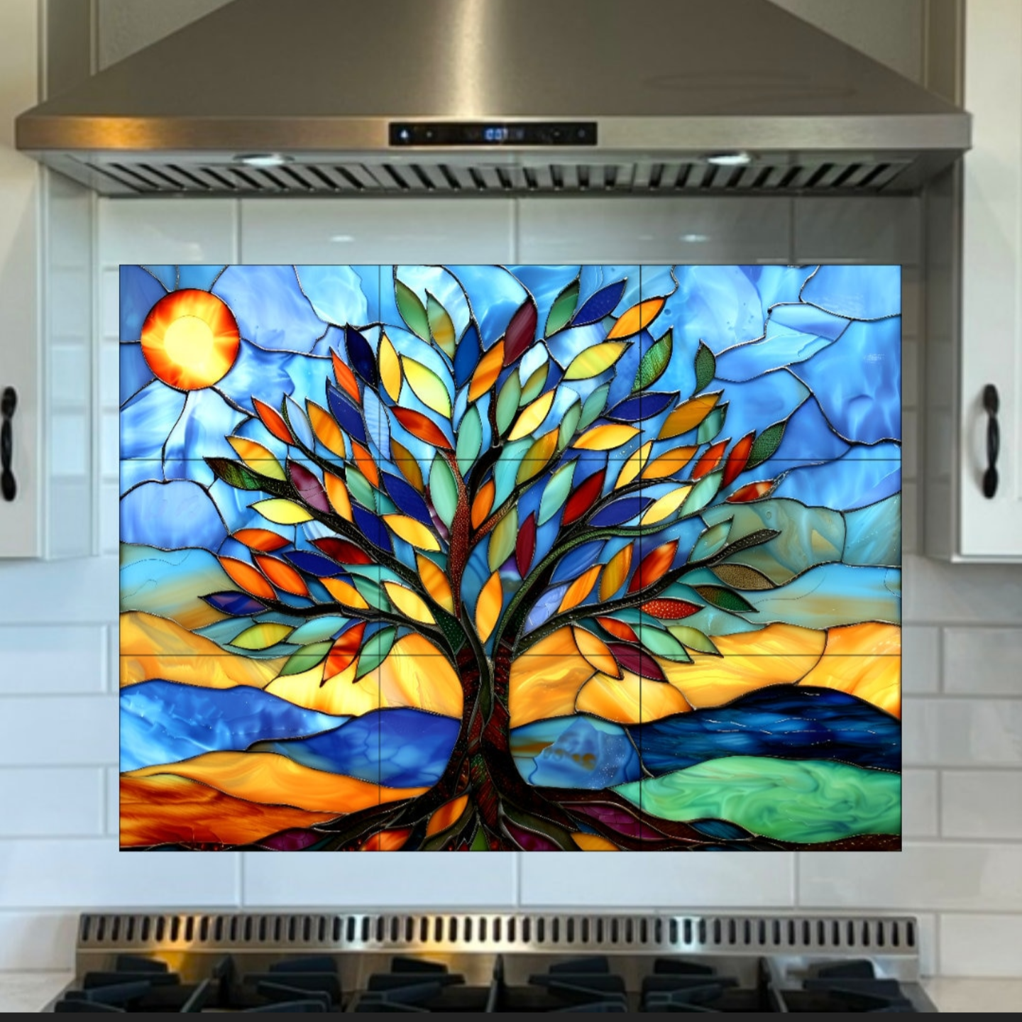 Stained Glass Tree Ceramic Tile or Mural. Kitchen Backsplash Tree Mosaic.