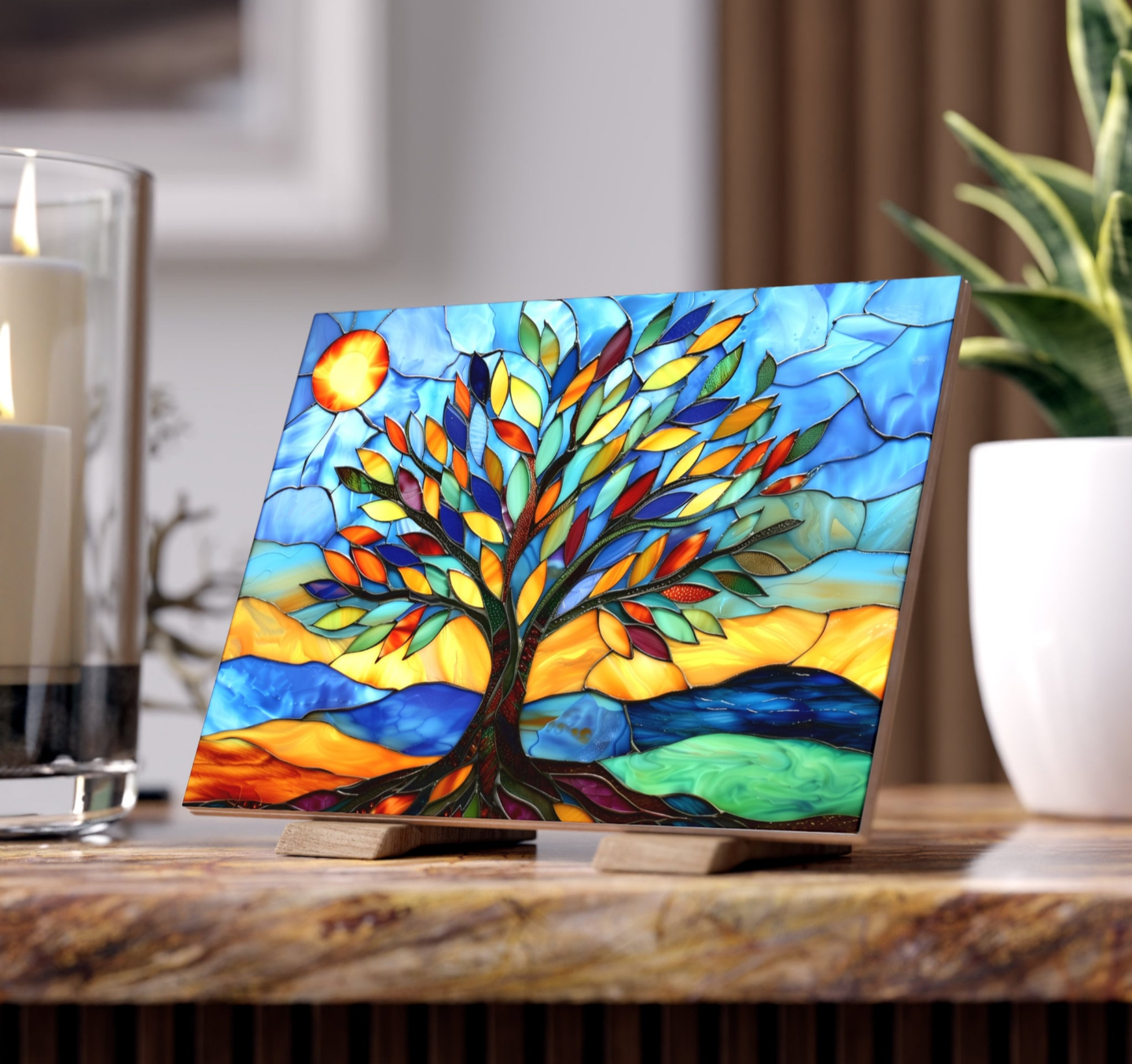 Stained Glass Tree Ceramic Tile or Mural. Kitchen Backsplash Tree Mosaic.