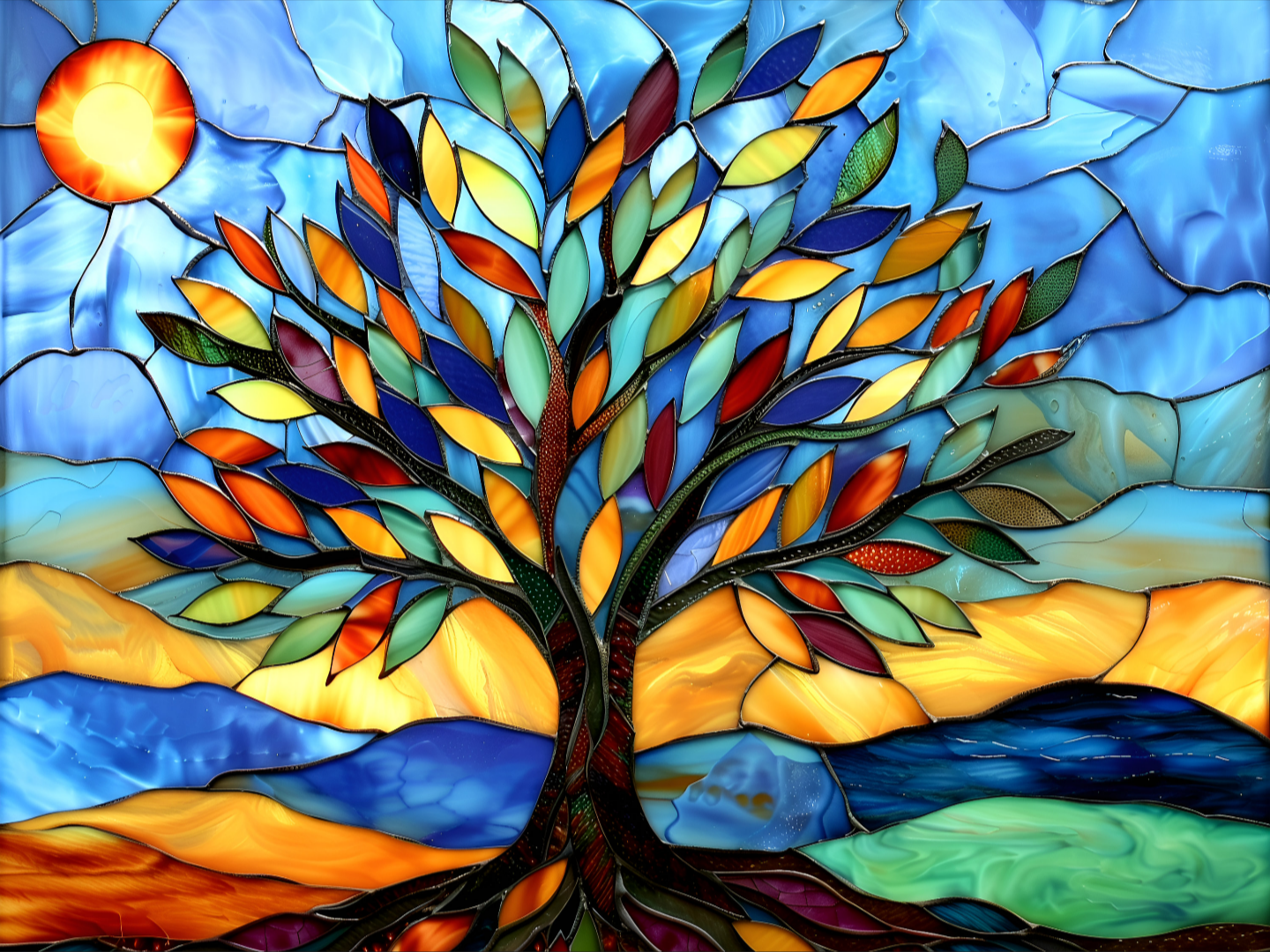 Stained Glass Tree Ceramic Tile or Mural. Kitchen Backsplash Tree Mosaic.