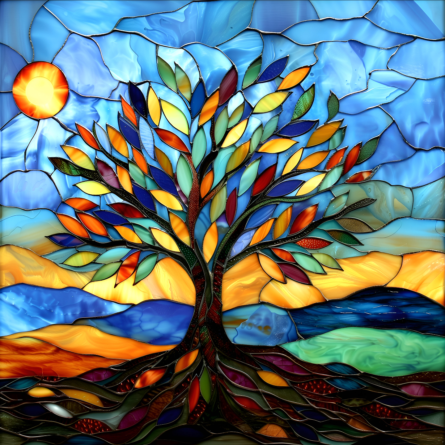 Stained Glass Tree Ceramic Tile or Mural. Kitchen Backsplash Tree Mosaic.