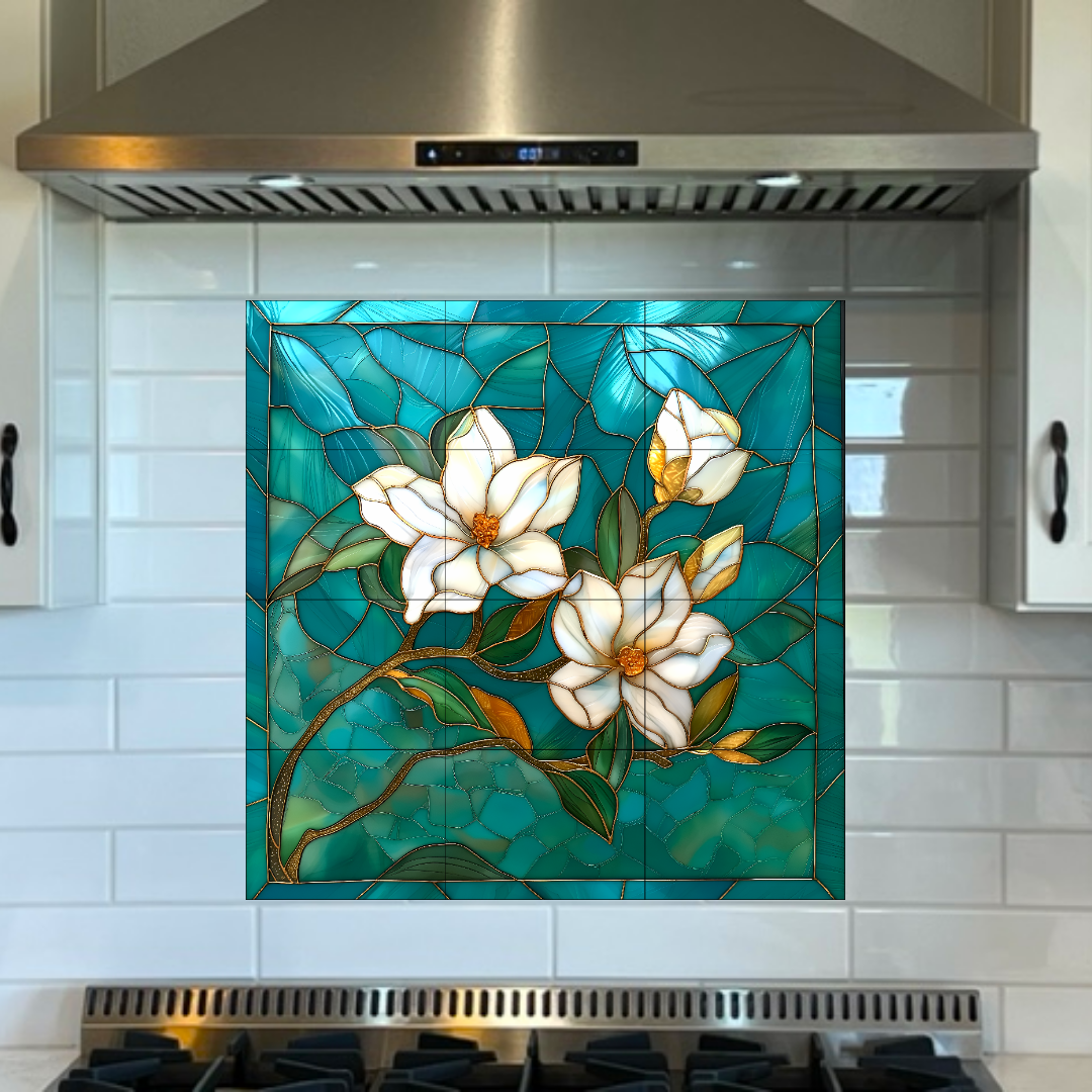 White Flowers in Turquoise Stained Glass Ceramic Tile Backsplash. Floral Kitchen Backsplash.