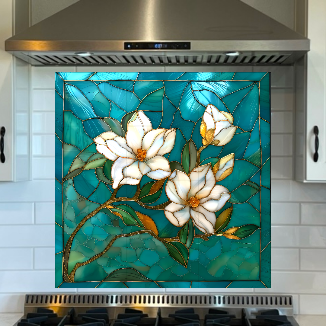 White Flowers in Turquoise Stained Glass Ceramic Tile Backsplash. Floral Kitchen Backsplash.