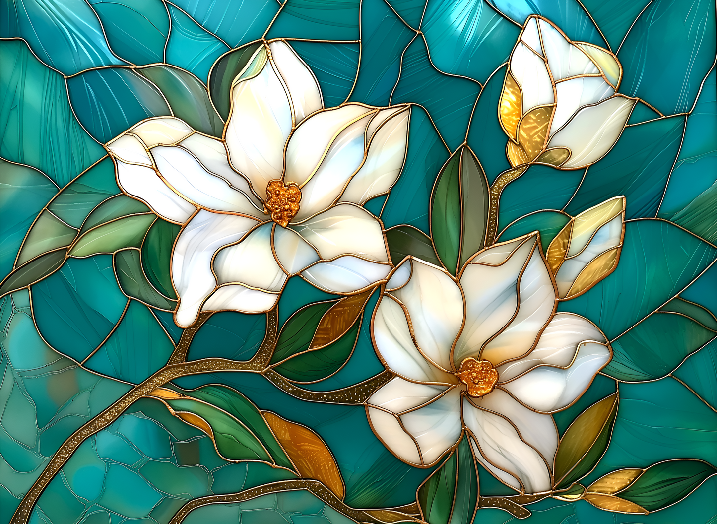 White Flowers in Turquoise Stained Glass Ceramic Tile Backsplash. Floral Kitchen Backsplash.