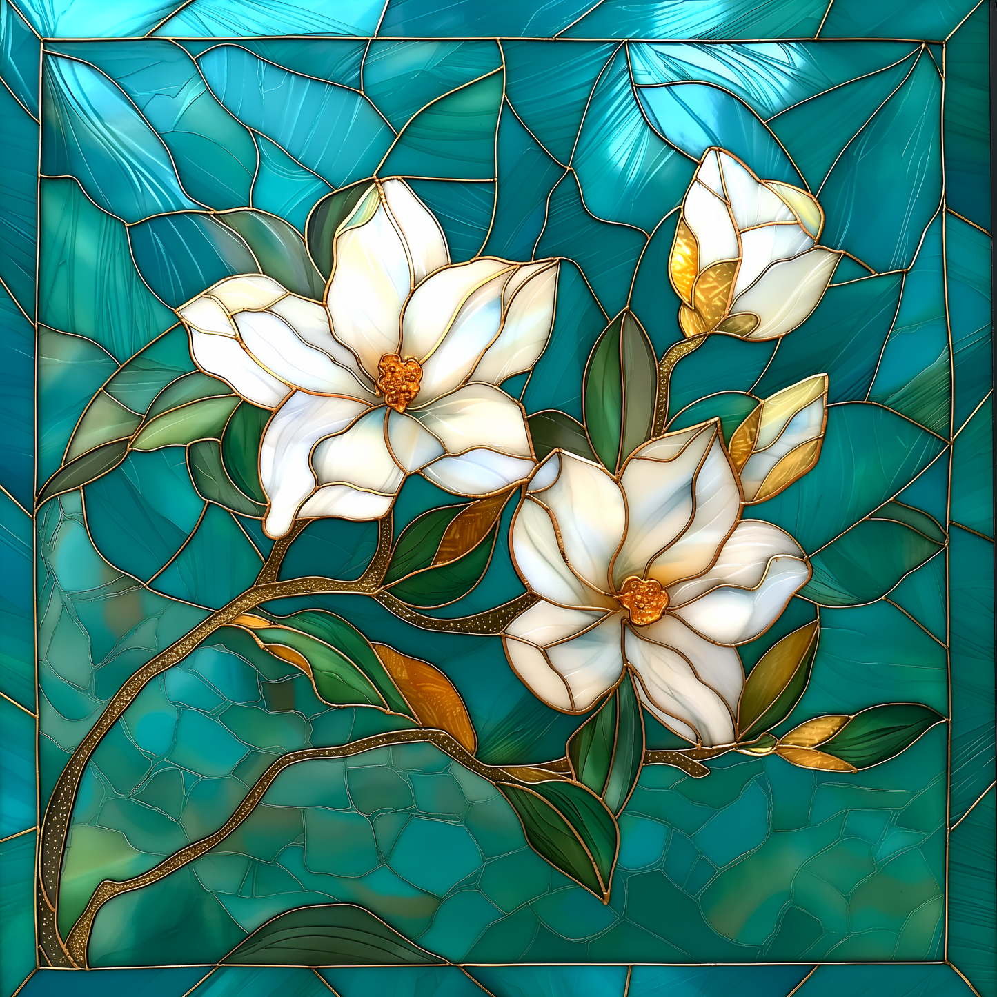 White Flowers in Turquoise Stained Glass Ceramic Tile Backsplash. Floral Kitchen Backsplash.