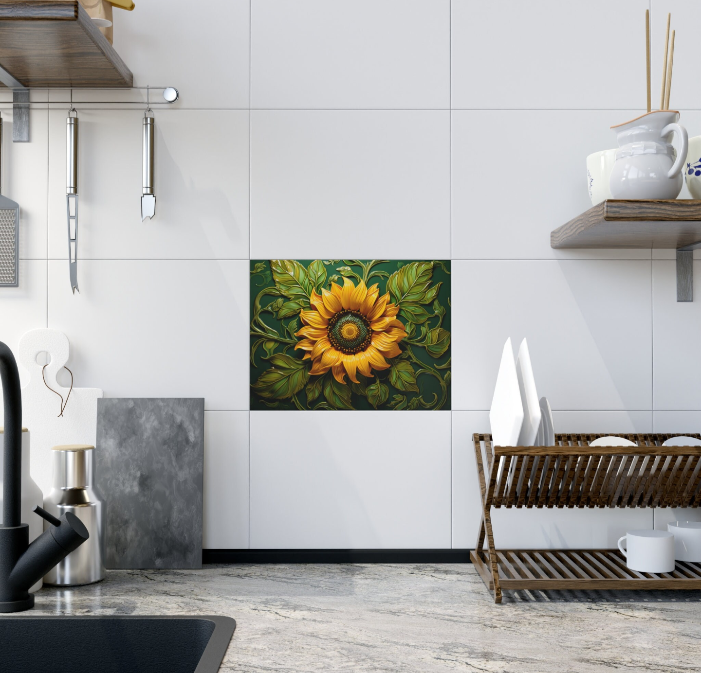 Sunflower Ceramic Tile, Floral Ceramic Tile, Sunflower Accent Tile