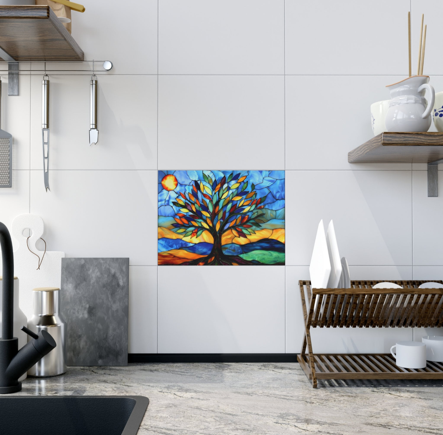 Stained Glass Tree Ceramic Tile or Mural. Kitchen Backsplash Tree Mosaic.