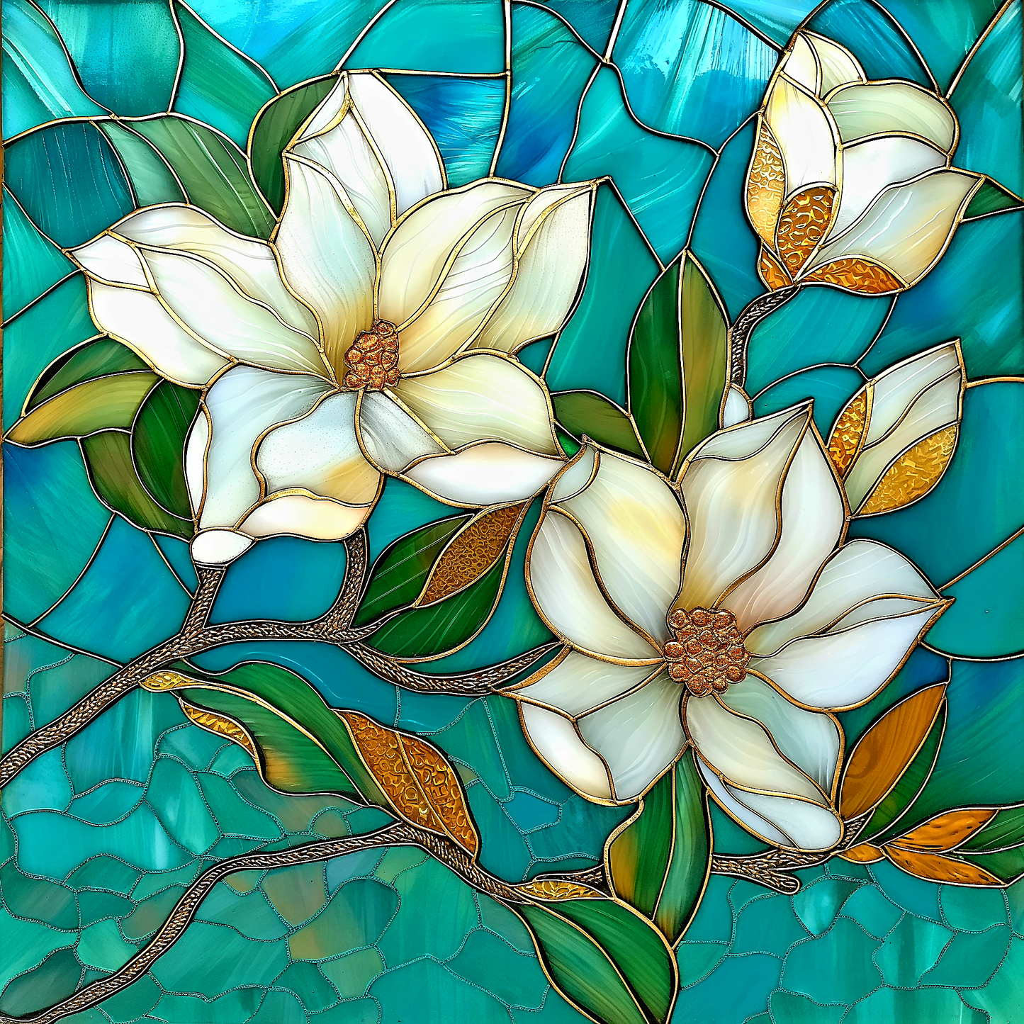 White Flowers in Turquoise Stained Glass Ceramic Tile Backsplash. Floral Kitchen Backsplash.