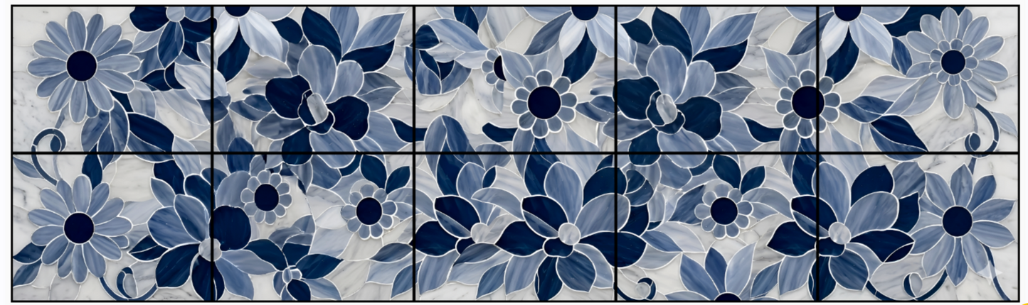 Blue and Grey Floral Ceramic Tile Backsplash.