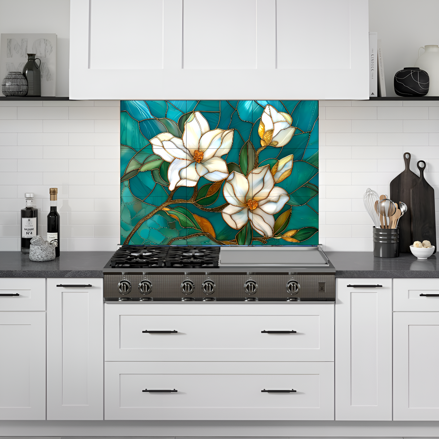 White Flowers in Turquoise Stained Glass Ceramic Tile Backsplash. Floral Kitchen Backsplash.