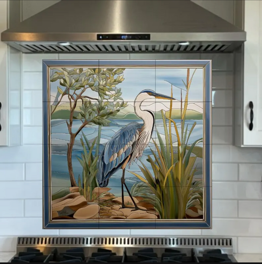 Blue Heron Landscape Ceramic Tile Mosaic.