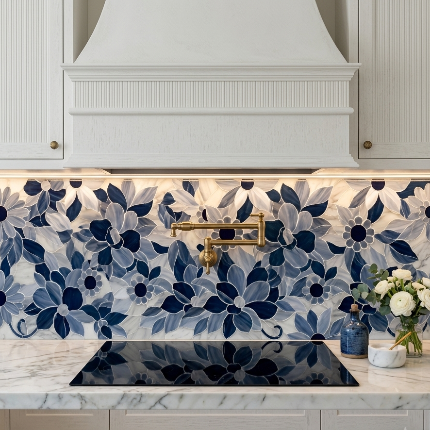 Blue and Grey Floral Ceramic Tile Backsplash.