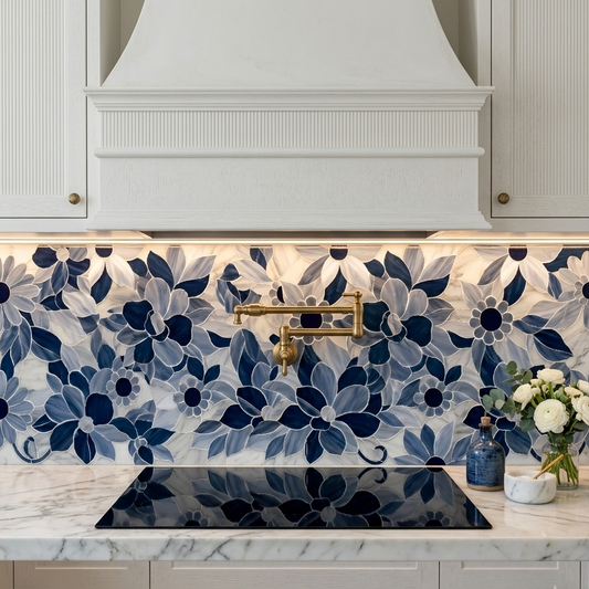 Blue and Grey Floral Ceramic Tile Backsplash.