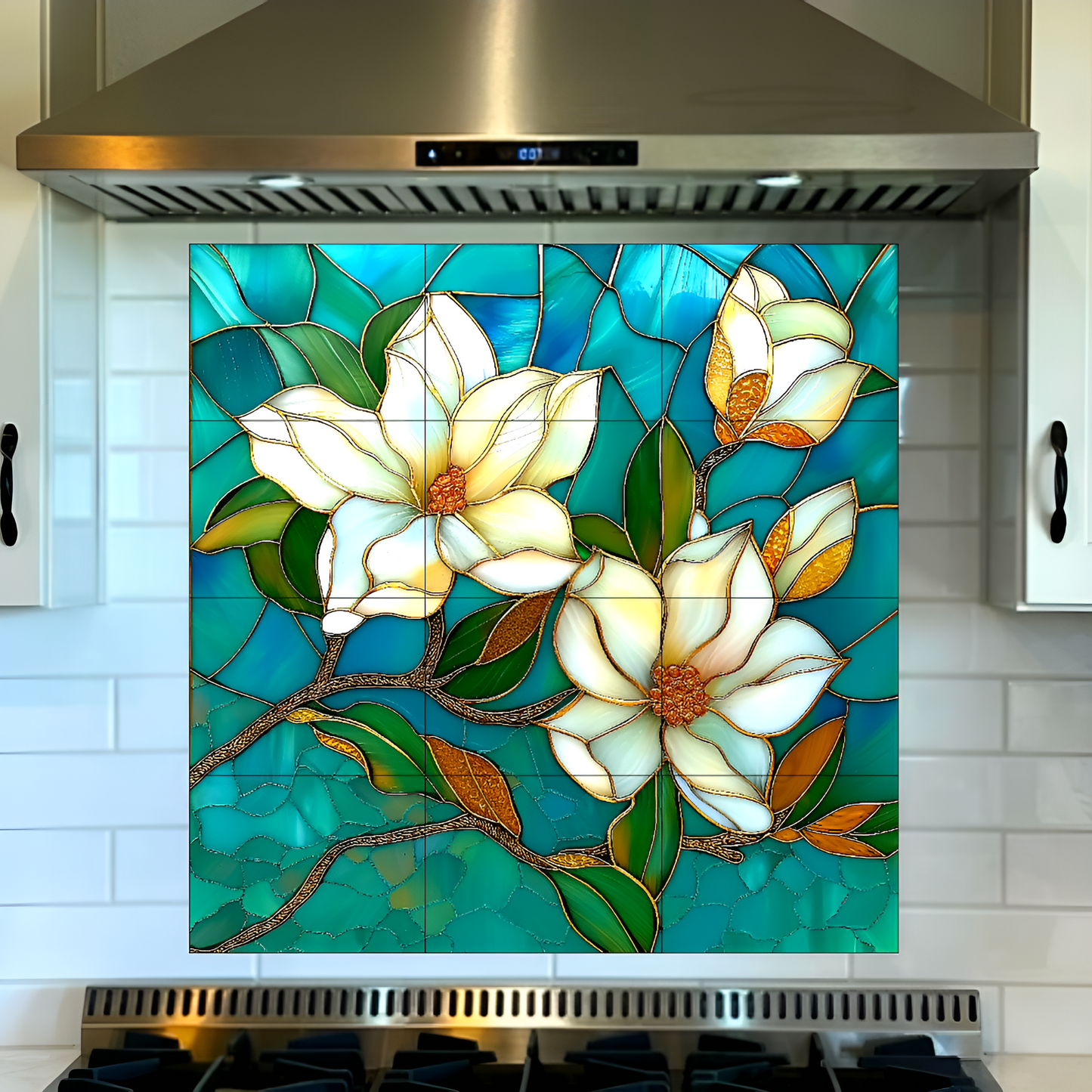 White Flowers in Turquoise Stained Glass Ceramic Tile Backsplash. Floral Kitchen Backsplash.