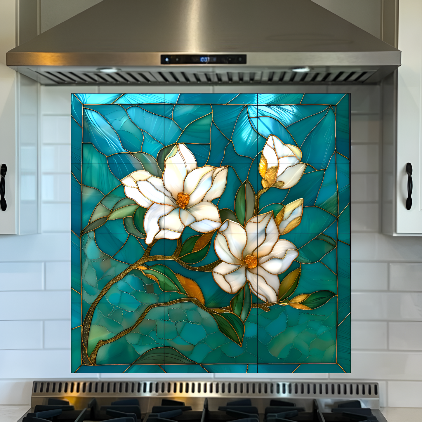 White Flowers in Turquoise Stained Glass Ceramic Tile Backsplash. Floral Kitchen Backsplash.