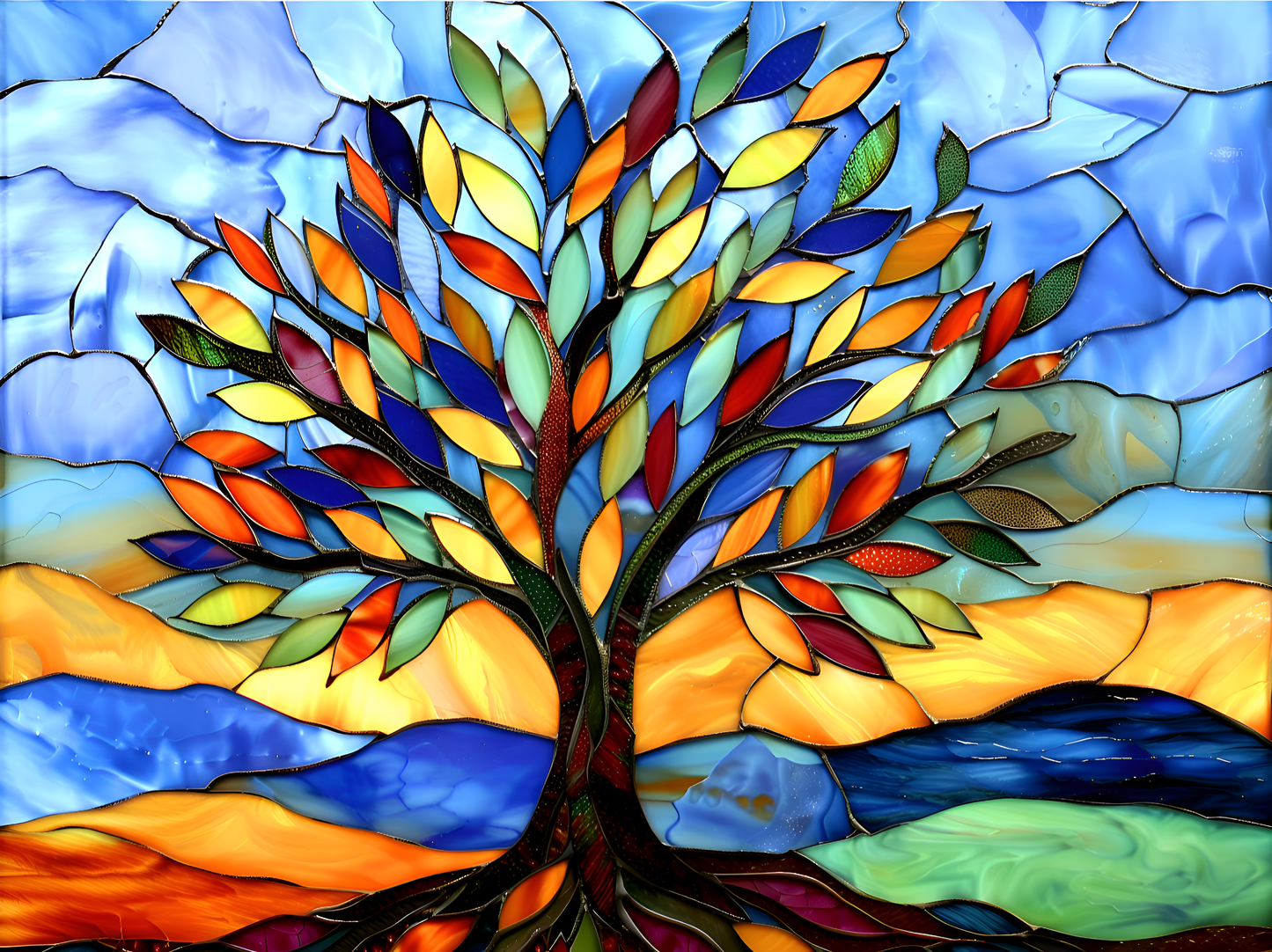 Stained Glass Tree Ceramic Tile or Mural. Kitchen Backsplash Tree Mosaic.