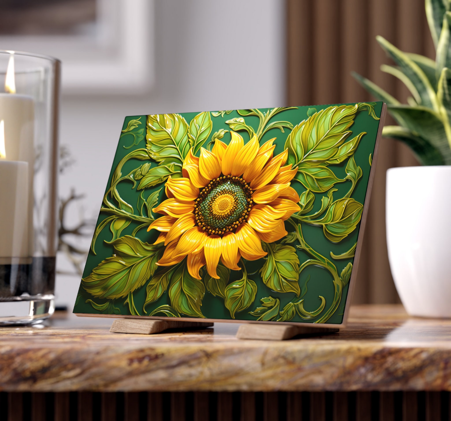 Sunflower Ceramic Tile, Floral Ceramic Tile, Sunflower Accent Tile