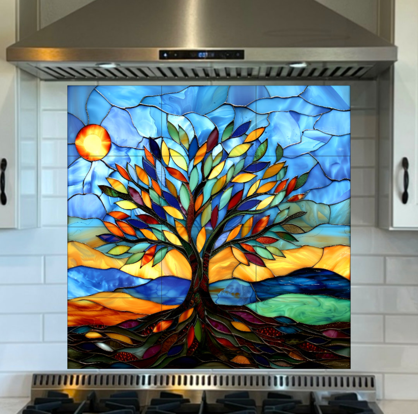Stained Glass Tree Ceramic Tile or Mural. Kitchen Backsplash Tree Mosaic.