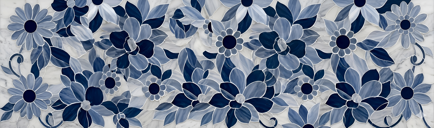 Blue and Grey Floral Ceramic Tile Backsplash.